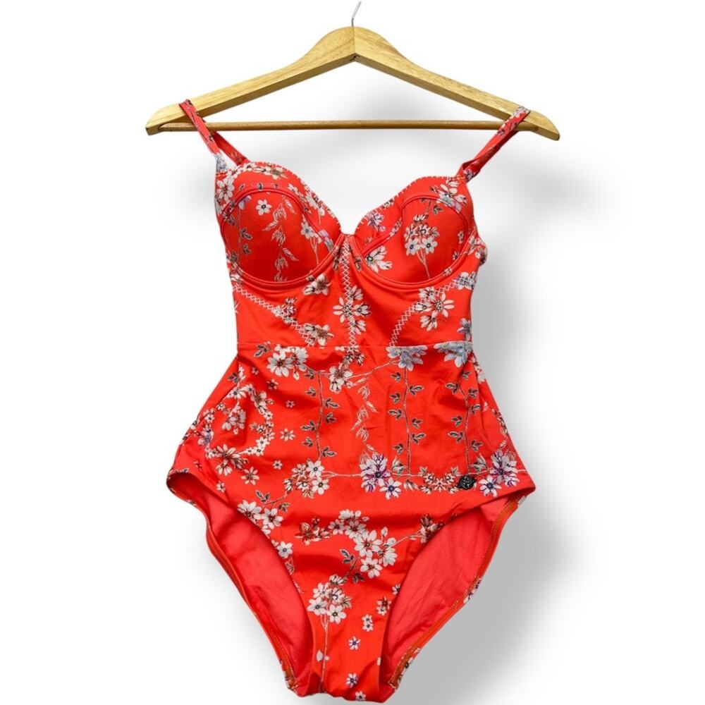 Sunseeker Floral Print Orange Wired‎ One Piece Swimsuit Women's 6 Cup B/C